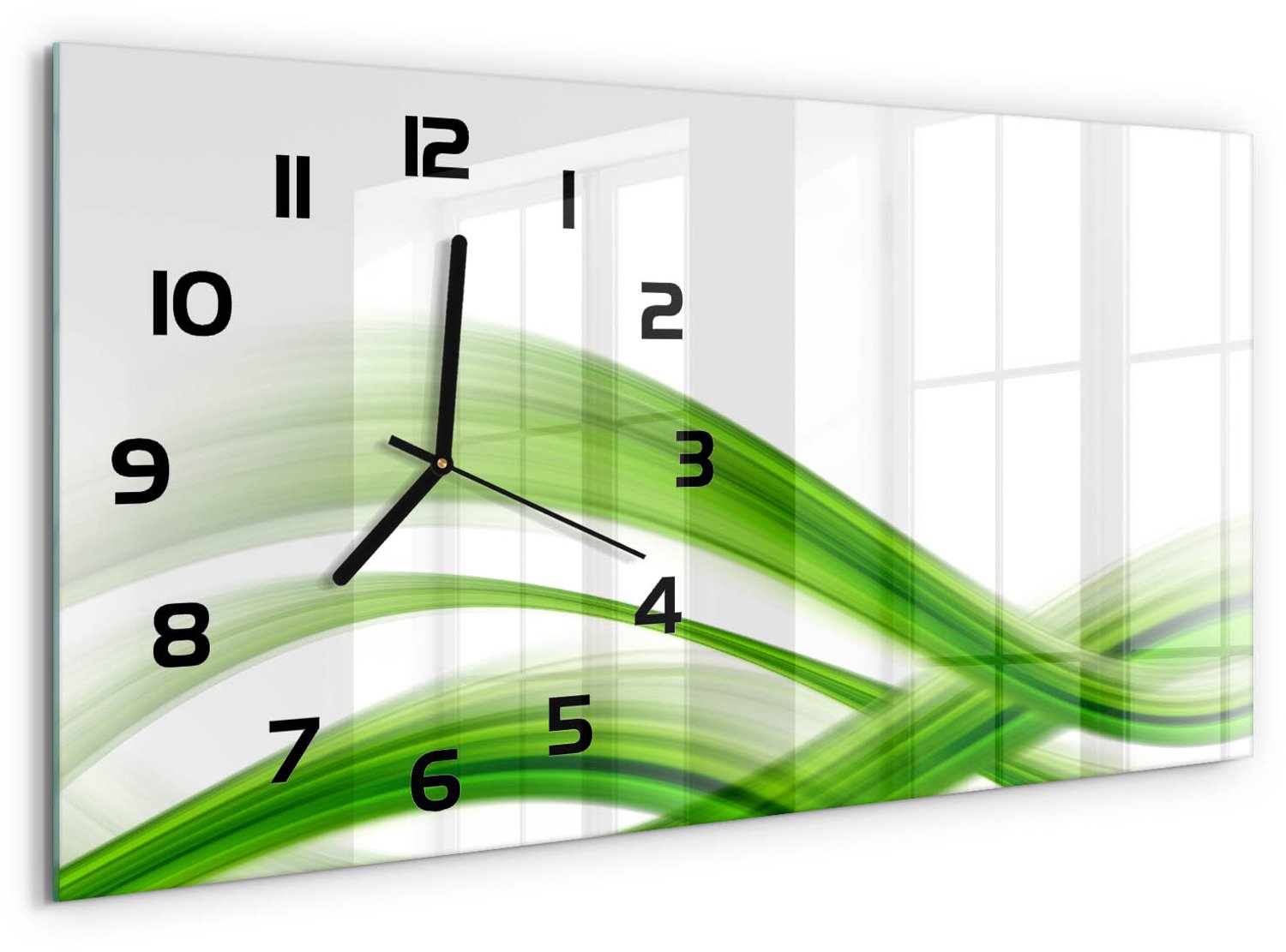 TULUP Wandklok - Golfabstractie Glazen Klok Met Print - 60x30 cm - Groente Wandklok Glas Met Motief - Zwarte handen - Rechthoekige Klok - Wandklok Glas Decoratie - Gekleurde Glazen Klok