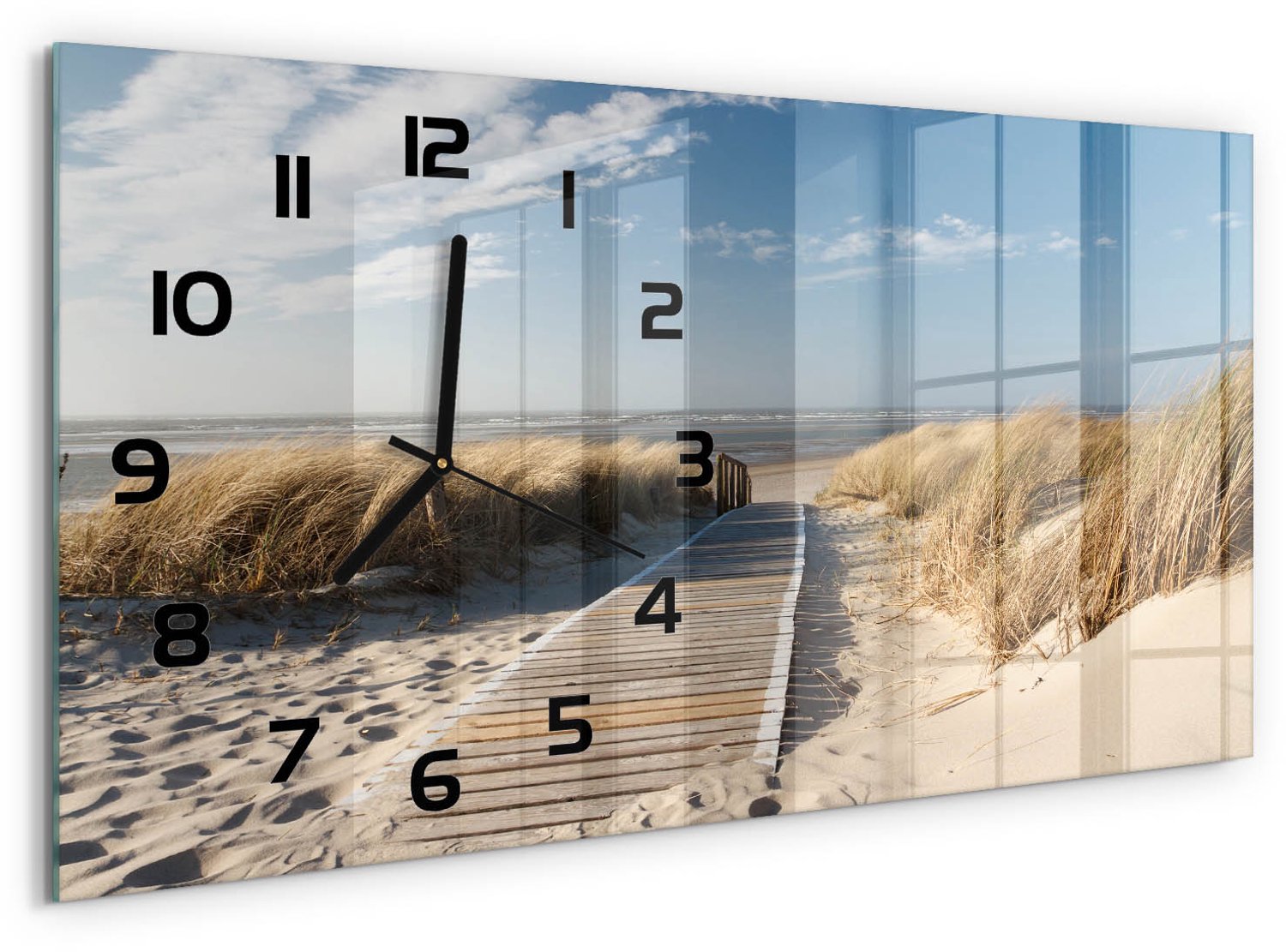 TULUP Wandklok - De weg naar het strand Decoratieve Glazen Klok - 60x30 cm - Beige Glazen Wandklok Design - Zwarte handen - Rechthoekige Klok - Glazen Klok Met Print - Wandklok Glas Met Motief