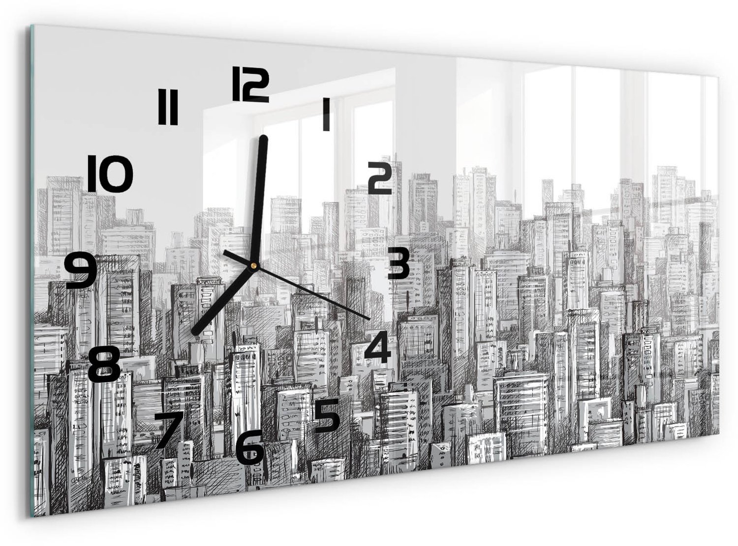 TULUP Wandklok - Wolkenkrabber Decoratieve Glazen Klok - 60x30 cm - Grijs Glazen Wandklok Design - Zwarte handen - Rechthoekige Klok - Glazen Klok Met Print - Wandklok Glas Met Motief