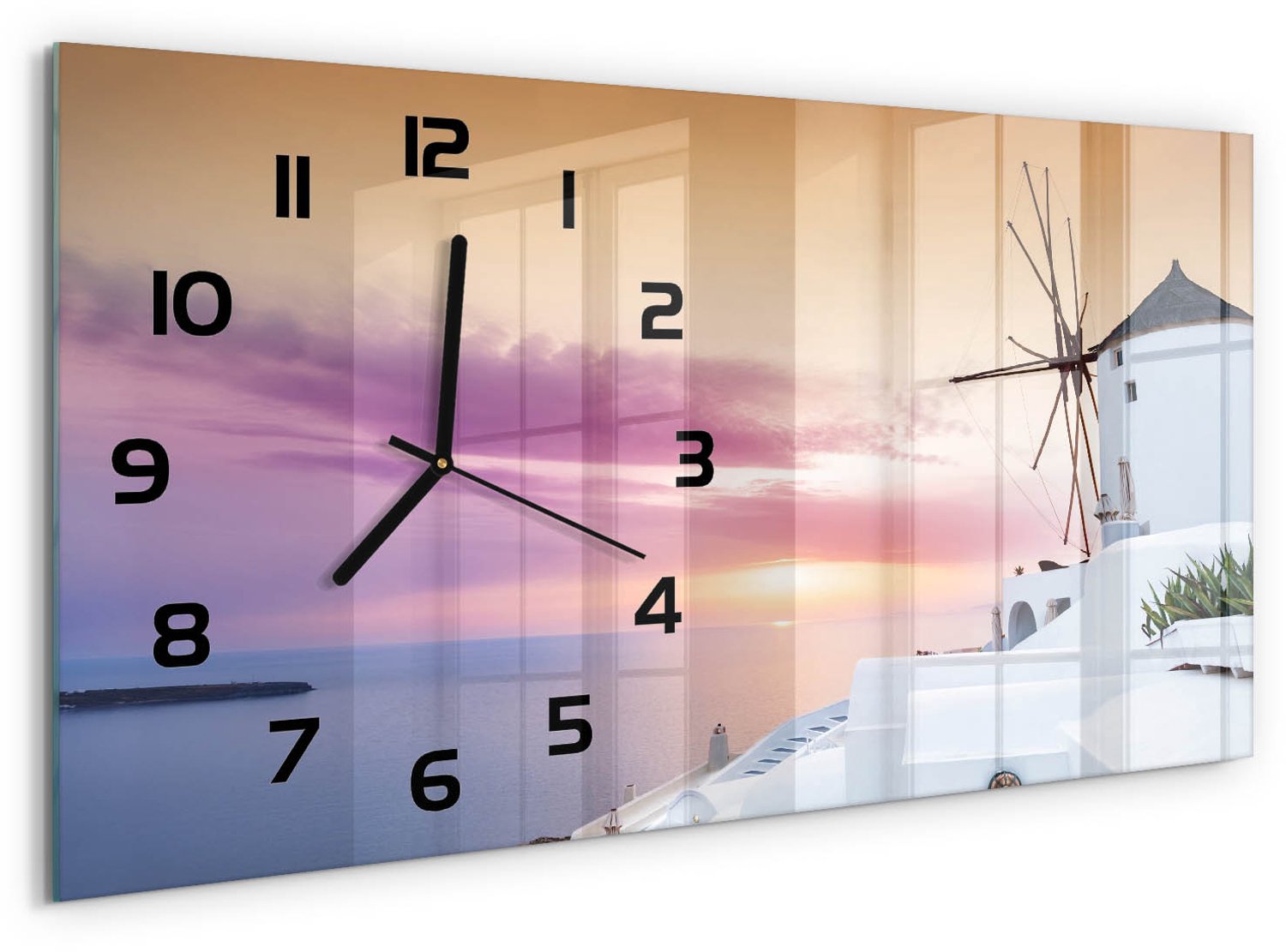 TULUP Wandklok - Santorini, Griekenland Klok Glas Met Opdruk - 60x30 cm - Wit Moderne Wandklok Glas - Zwarte handen - Rechthoekige Klok - Decoratieve Glazen Klok - Glazen Wandklok Design