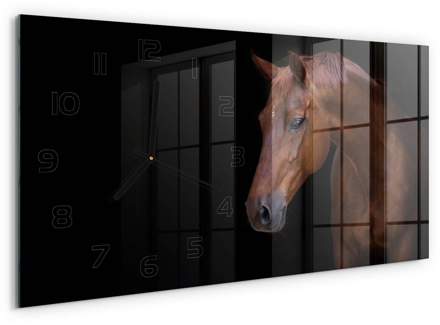 TULUP Wandklok - Bruin Paard Klok Glas Met Opdruk - 60x30 cm - Bruin Moderne Wandklok Glas - Zwarte handen - Rechthoekige Klok - Decoratieve Glazen Klok - Glazen Wandklok Design