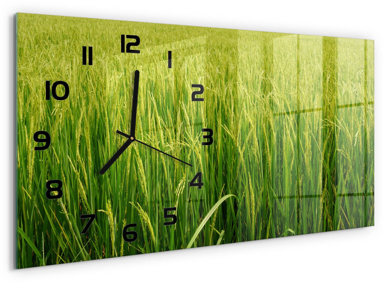 TULUP Wandklok - Rijstveld Wandklok Glas Decoratie - 60x30 cm - Groente Gekleurde Glazen Klok - Zwarte handen - Rechthoekige Klok - Klok Glas Met Opdruk - Moderne Wandklok Glas