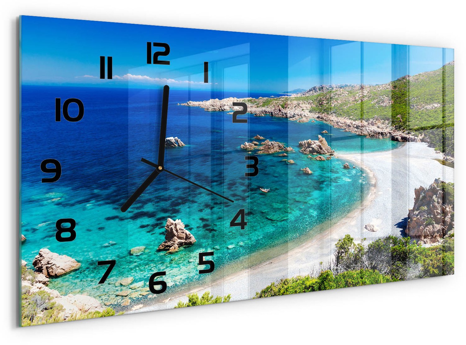 TULUP Wandklok - Baai Klok Glas Met Opdruk - 60x30 cm - Blauw Moderne Wandklok Glas - Zwarte handen - Rechthoekige Klok - Decoratieve Glazen Klok - Glazen Wandklok Design