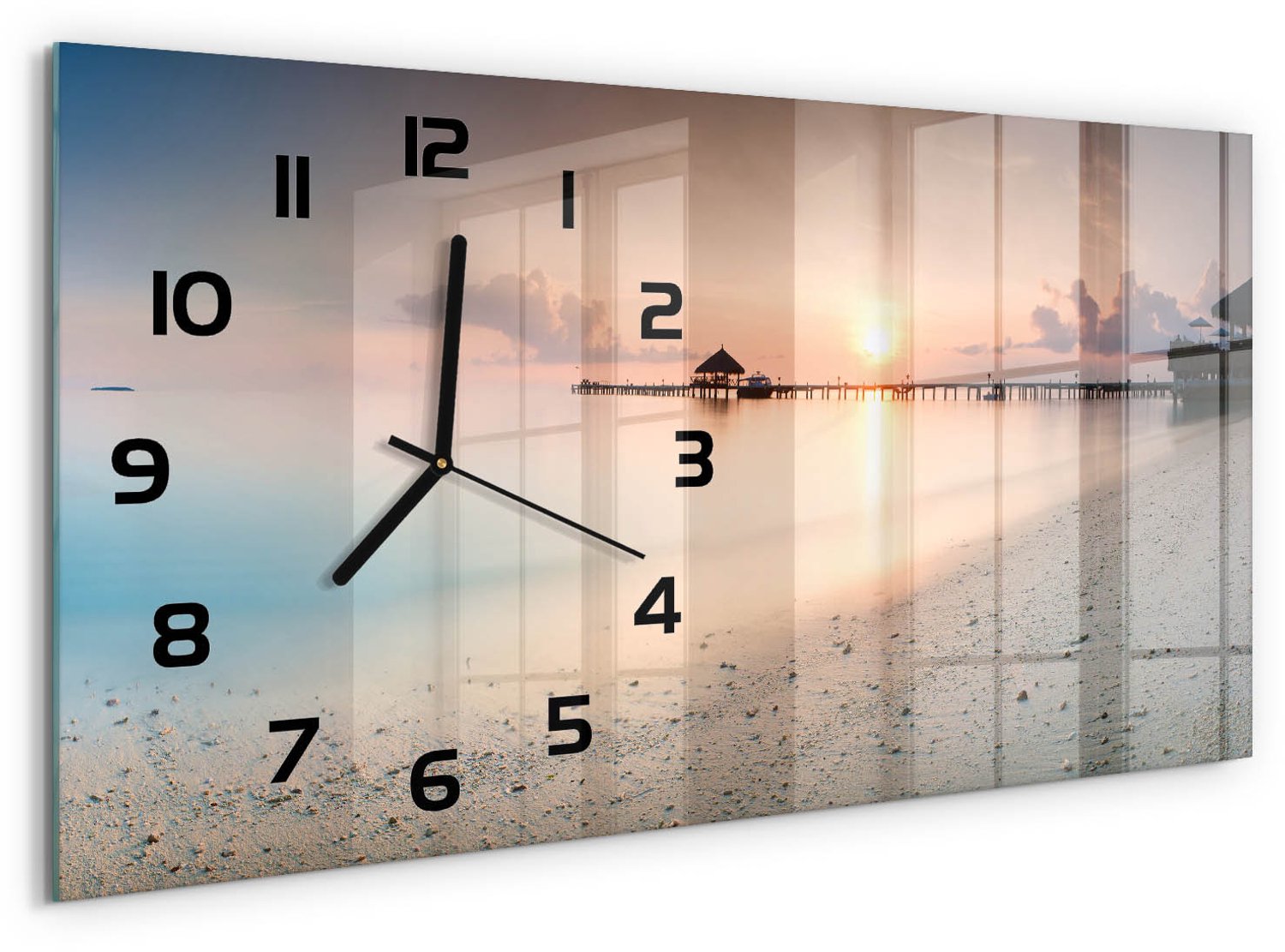 TULUP Wandklok - Strand van de Malediven Wandklok Glas Decoratie - 60x30 cm - Veelkleurig Gekleurde Glazen Klok - Zwarte handen - Rechthoekige Klok - Klok Glas Met Opdruk - Moderne Wandklok Glas