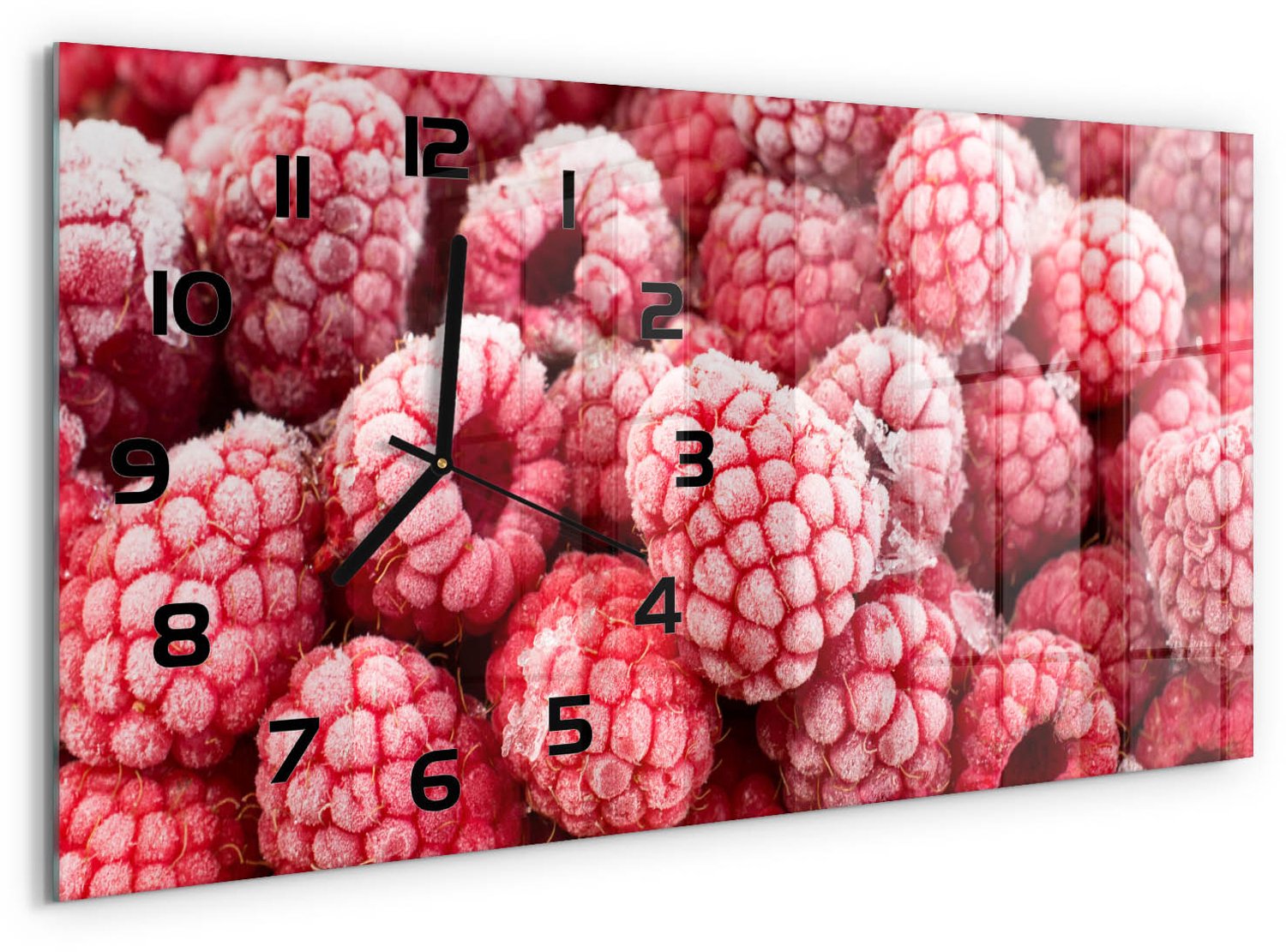 TULUP Wandklok - Bevroren frambozen Glazen Klok Met Print - 60x30 cm - Rood Wandklok Glas Met Motief - Zwarte handen - Rechthoekige Klok - Wandklok Glas Decoratie - Gekleurde Glazen Klok