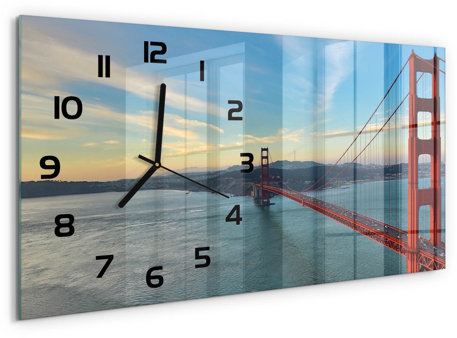 TULUP Wandklok - San Francisco-brug Gekleurde Glazen Klok - 60x30 cm - Rood Glazen Klok Met Print - Zwarte handen - Rechthoekige Klok - Moderne Wandklok Glas - Wandklok Glas Decoratie
