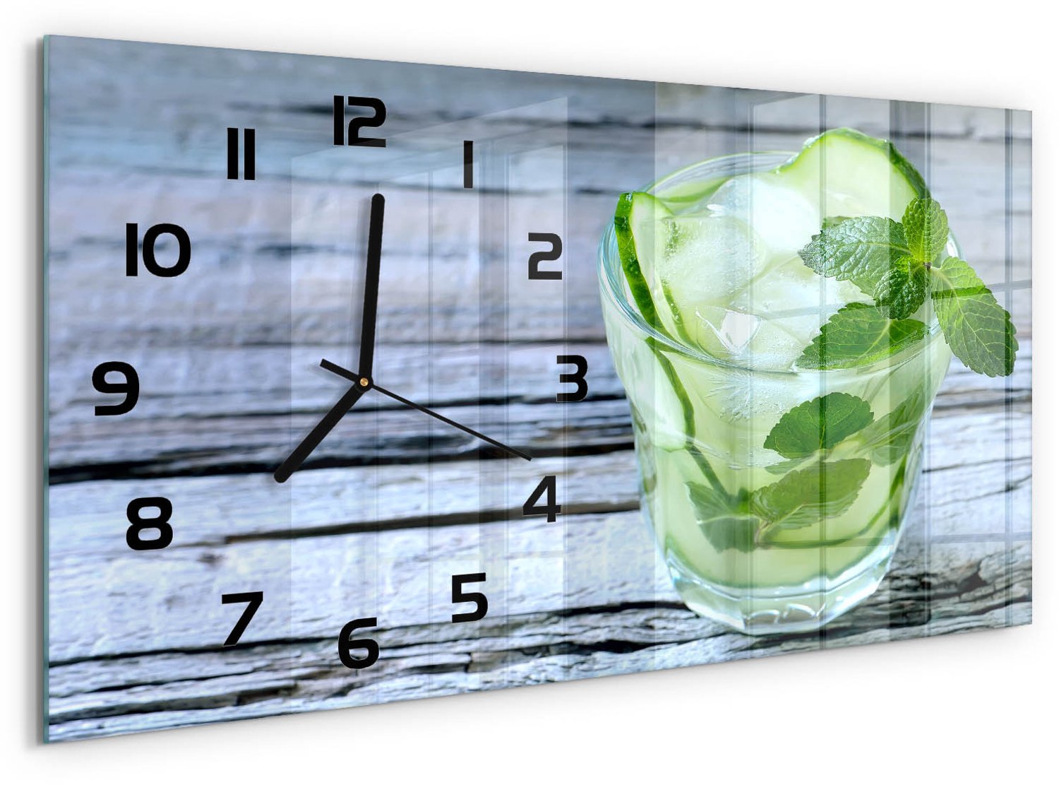 TULUP Wandklok - Komkommerwater Klok Glas Met Opdruk - 60x30 cm - Groente Moderne Wandklok Glas - Zwarte handen - Rechthoekige Klok - Decoratieve Glazen Klok - Glazen Wandklok Design