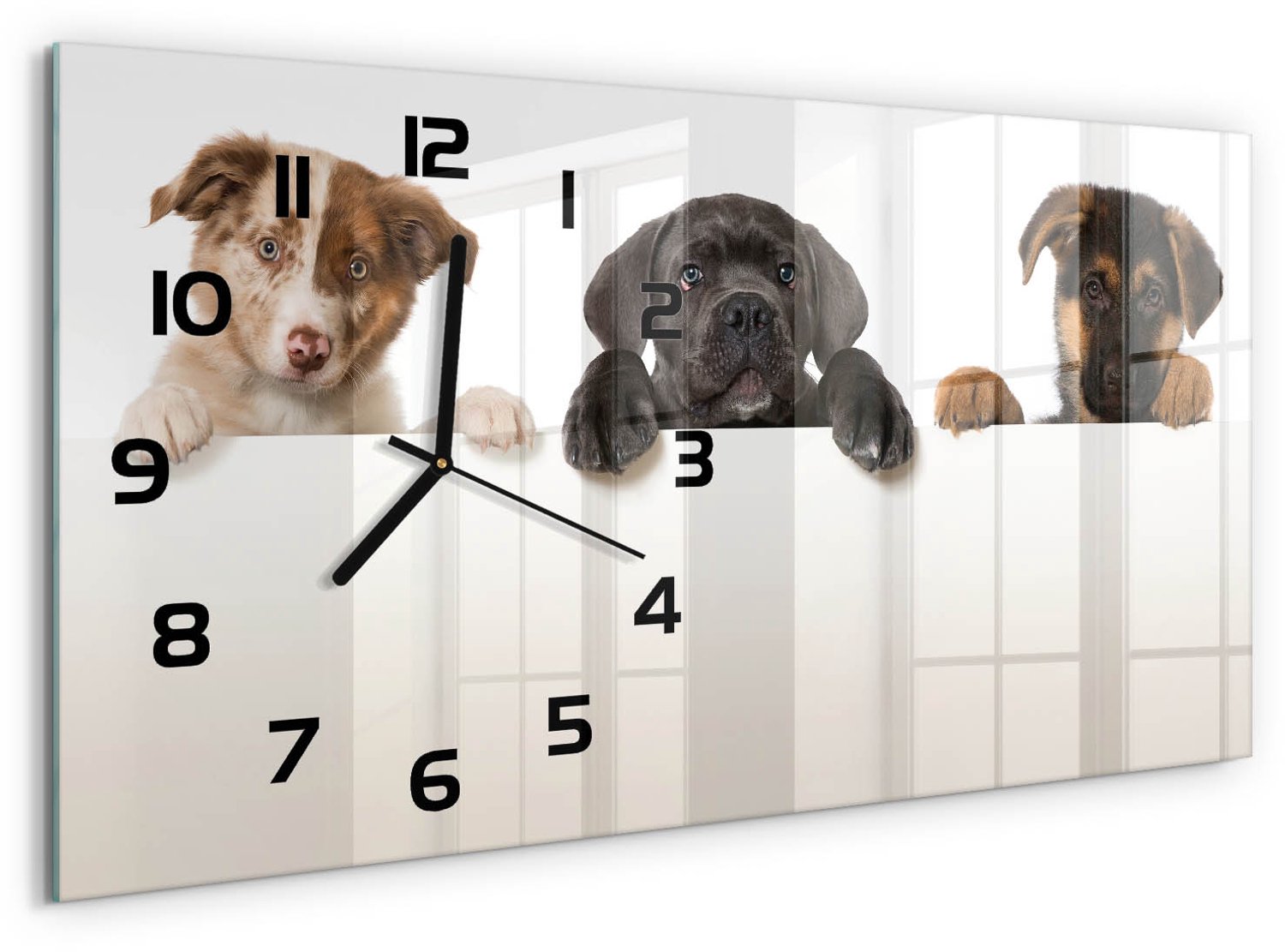 TULUP Wandklok - Drie puppy's Wandklok Glas Decoratie - 60x30 cm - Zwart Gekleurde Glazen Klok - Zwarte handen - Rechthoekige Klok - Klok Glas Met Opdruk - Moderne Wandklok Glas