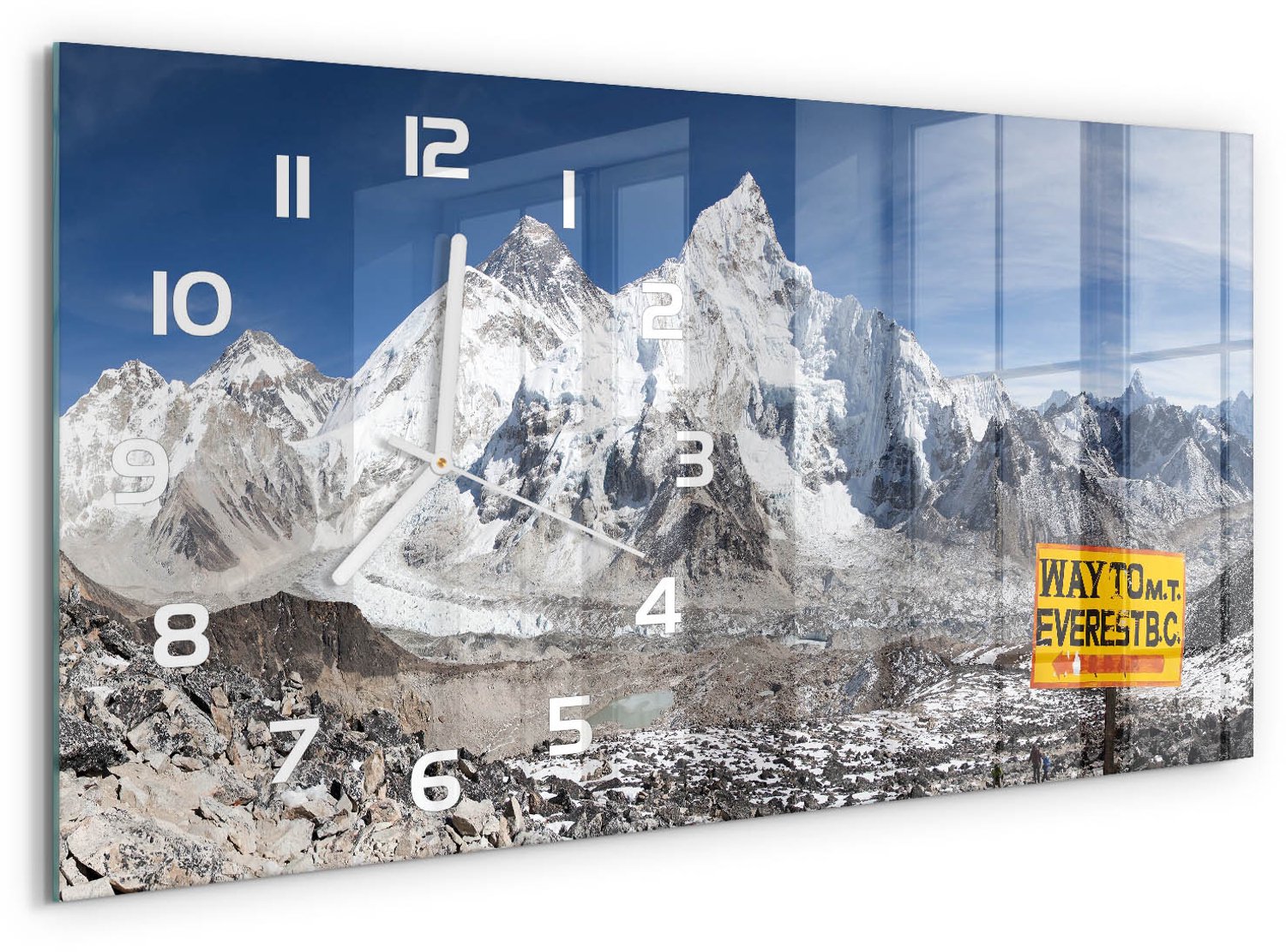 TULUP Wandklok - Mount Everest Glazen Klok Met Print - 60x30 cm - Wit Wandklok Glas Met Motief - Witte handen - Rechthoekige Klok - Wandklok Glas Decoratie - Gekleurde Glazen Klok
