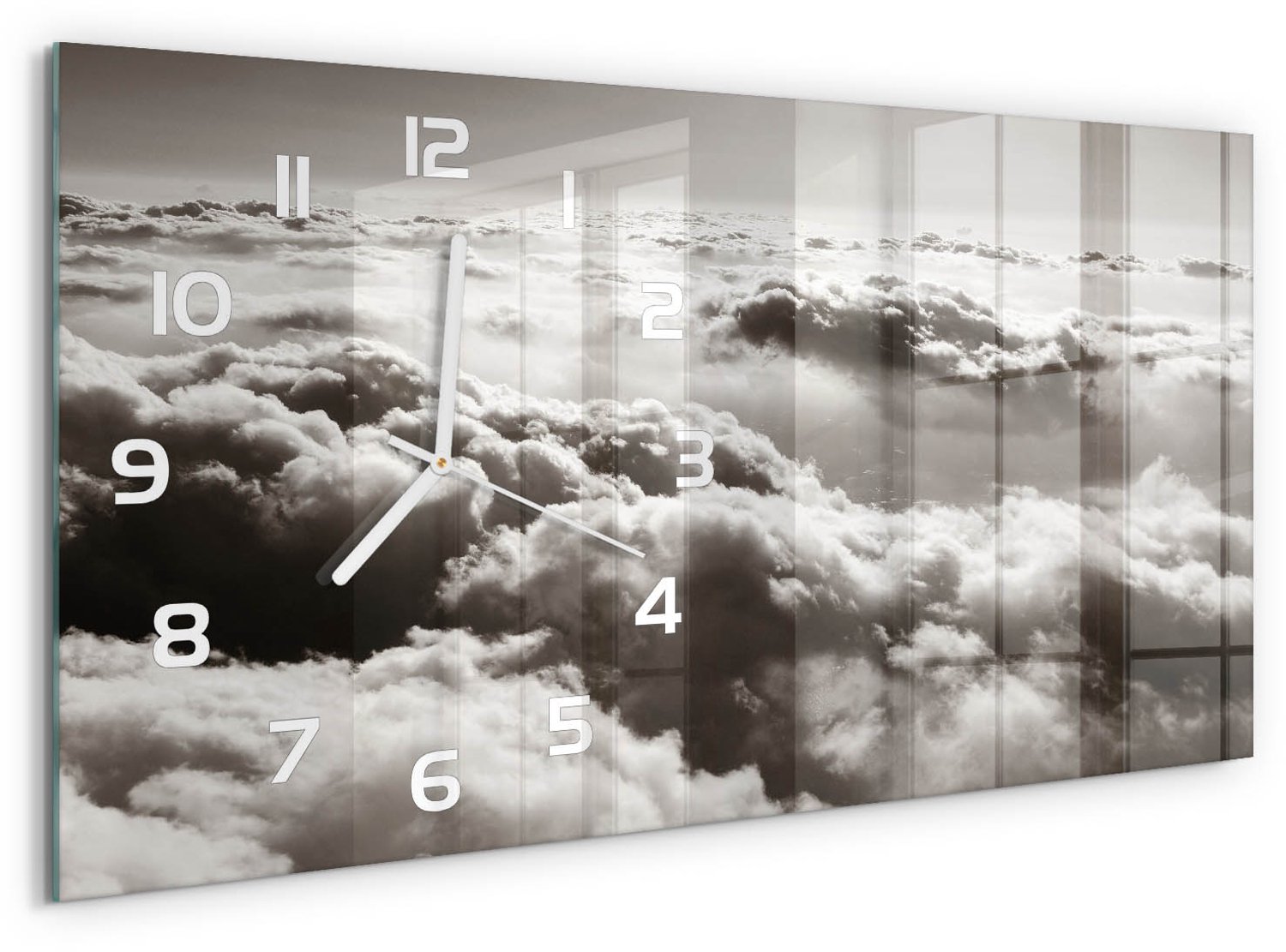 TULUP Wandklok - Wolken gezien vanuit vogelperspectief Decoratieve Glazen Klok - 60x30 cm - Zwart-wit Glazen Wandklok Design - Witte handen - Rechthoekige Klok - Glazen Klok Met Print - Wandklok Glas Met Motief
