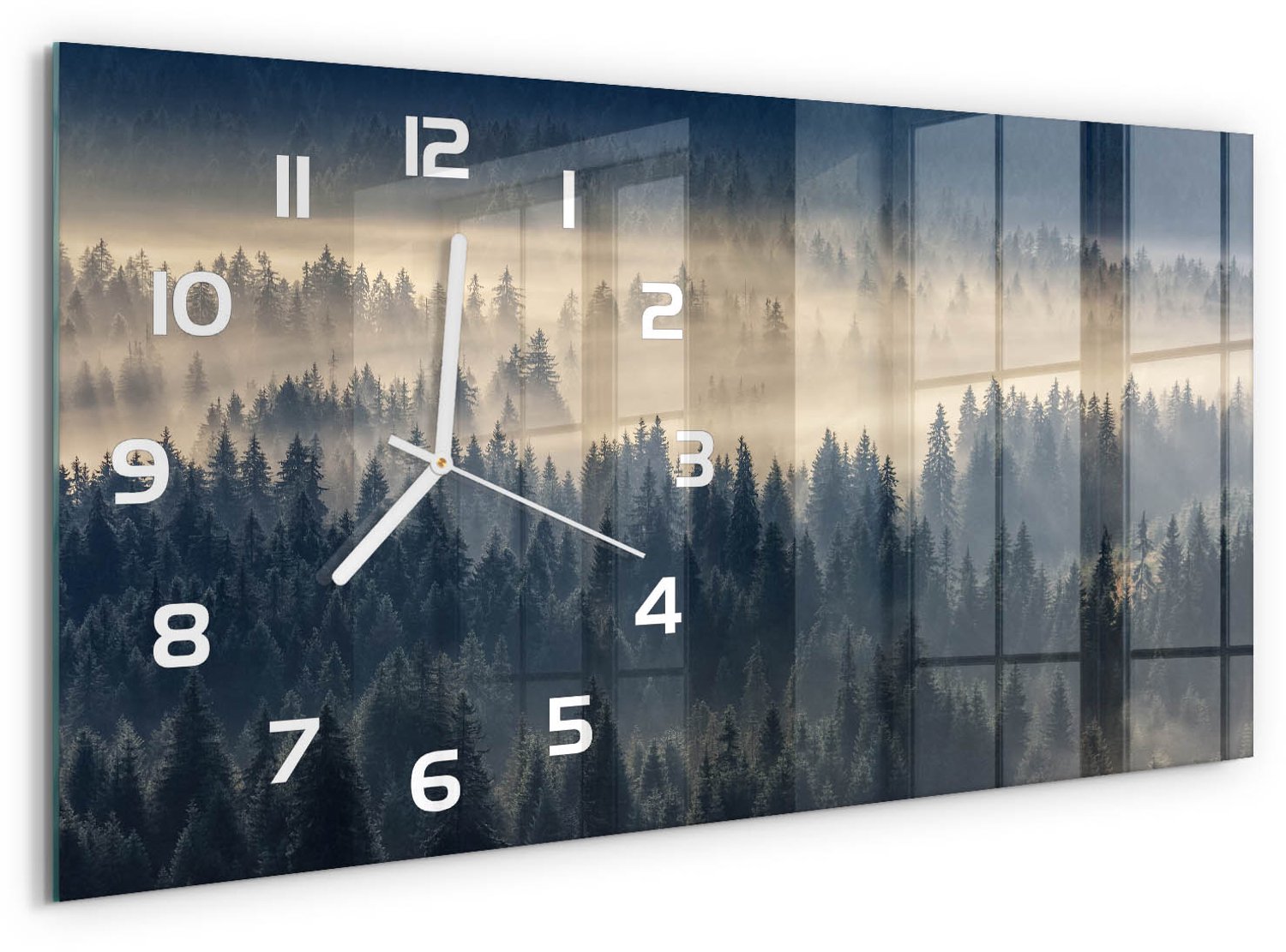 TULUP Wandklok - Mist boven het bos Moderne Wandklok Glas - 60x30 cm - Grijs Wandklok Glas Decoratie - Witte handen - Rechthoekige Klok - Glazen Wandklok Design - Klok Glas Met Opdruk