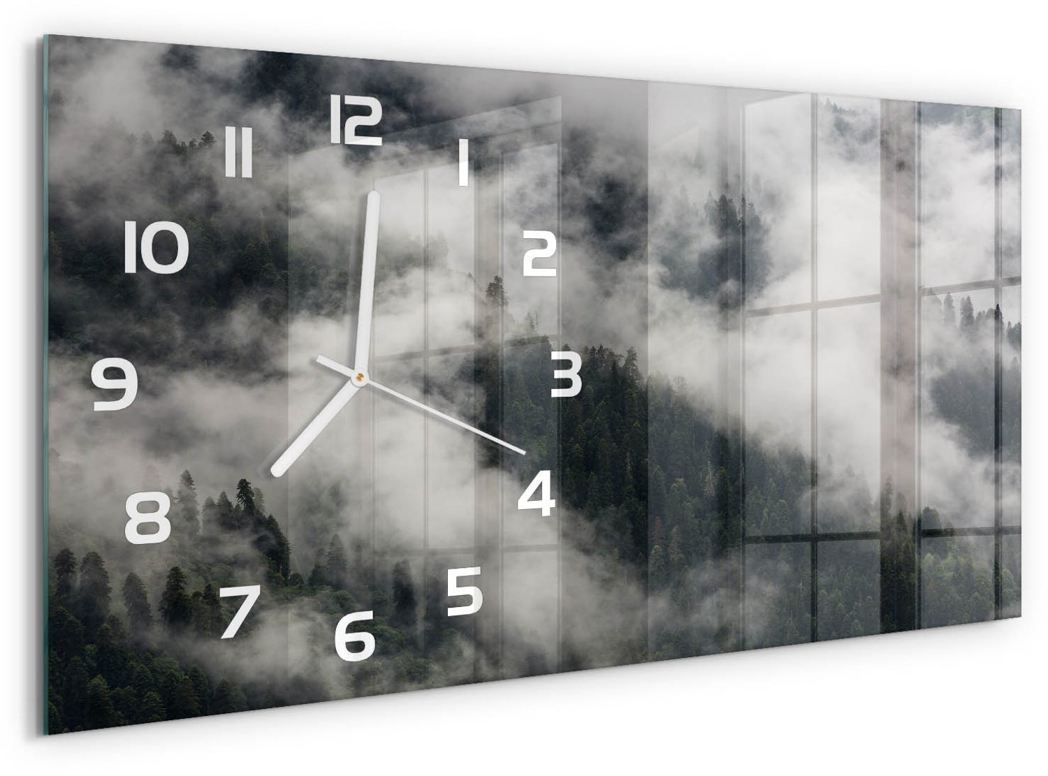 TULUP Wandklok - Mist boven het bos Moderne Wandklok Glas - 60x30 cm - Grijs Wandklok Glas Decoratie - Witte handen - Rechthoekige Klok - Glazen Wandklok Design - Klok Glas Met Opdruk