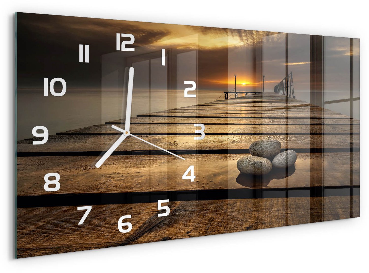 TULUP Wandklok - Houten brug Wandklok Glas Decoratie - 60x30 cm - Bruin Gekleurde Glazen Klok - Witte handen - Rechthoekige Klok - Klok Glas Met Opdruk - Moderne Wandklok Glas