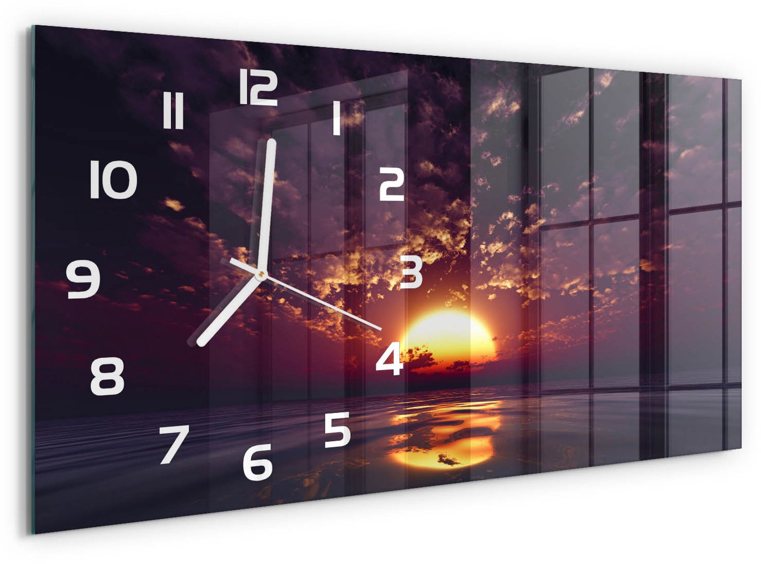 TULUP Wandklok - Zonsondergang Glazen Wandklok Design - 60x30 cm - Geel Klok Glas Met Opdruk - Witte handen - Rechthoekige Klok - Wandklok Glas Met Motief - Decoratieve Glazen Klok
