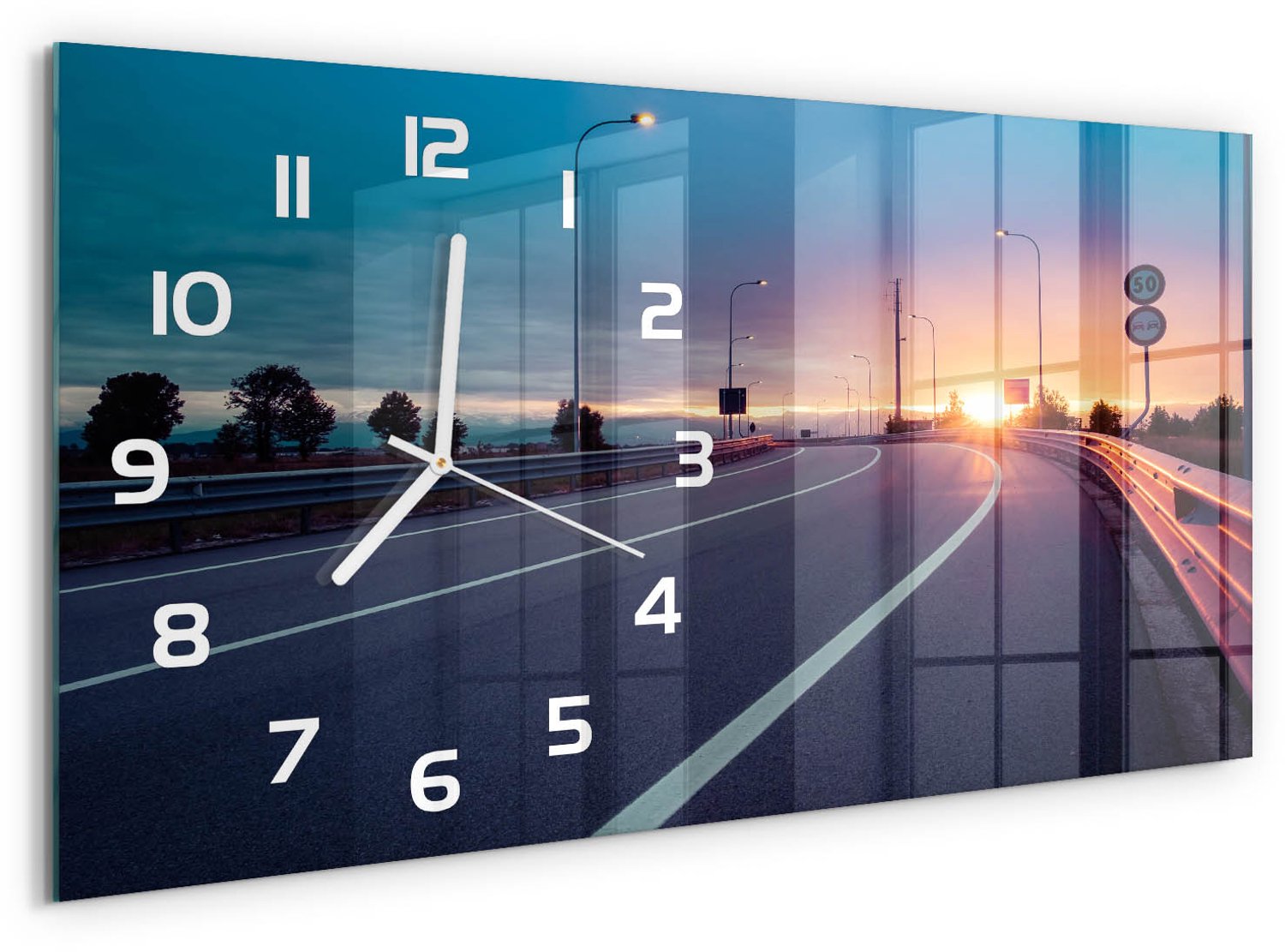 TULUP Wandklok - Snelweg Klok Glas Met Opdruk - 60x30 cm - Veelkleurig Moderne Wandklok Glas - Witte handen - Rechthoekige Klok - Decoratieve Glazen Klok - Glazen Wandklok Design