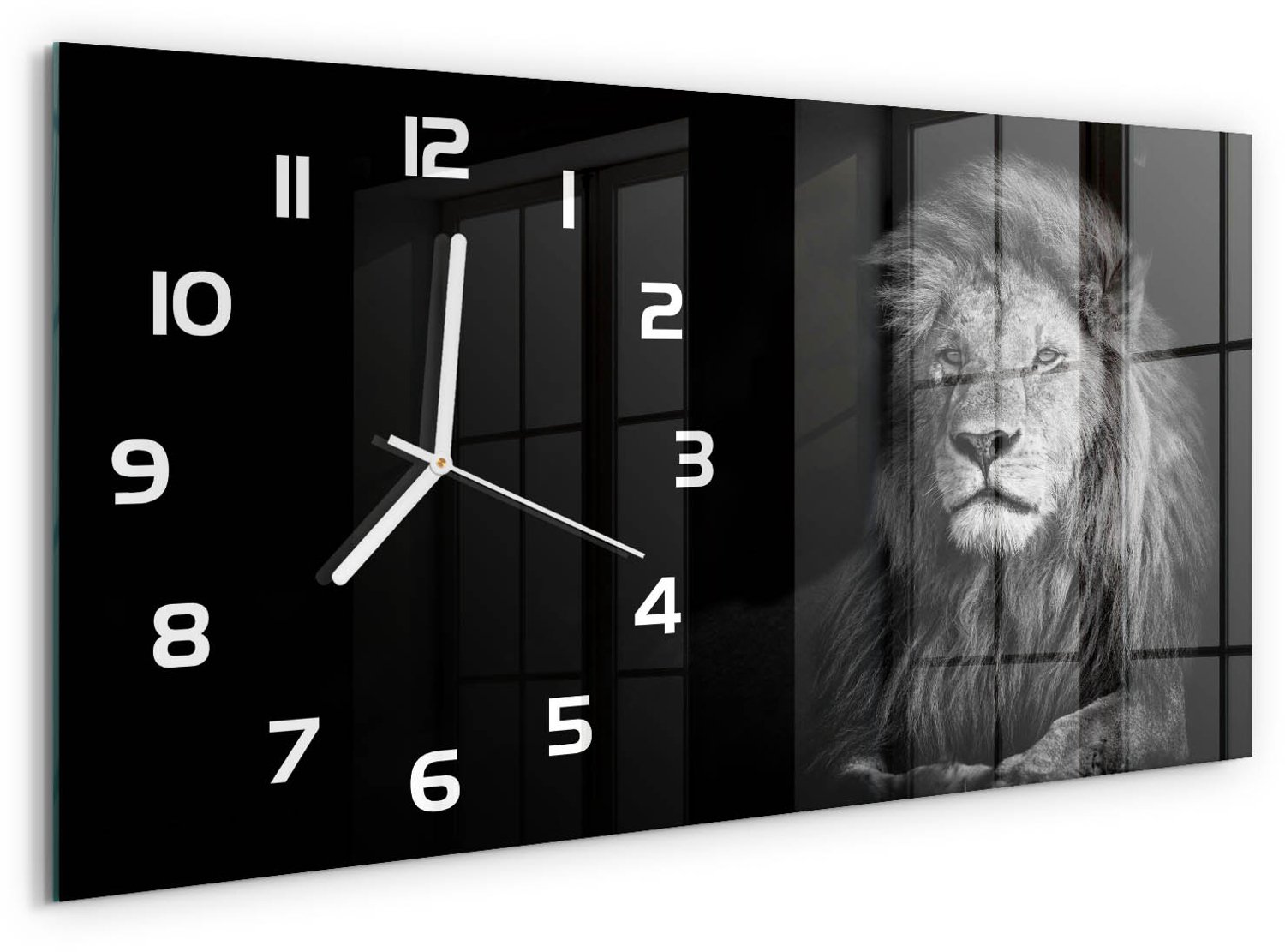TULUP Wandklok - Portret van een leeuw Moderne Wandklok Glas - 60x30 cm - Zwart-wit Wandklok Glas Decoratie - Witte handen - Rechthoekige Klok - Glazen Wandklok Design - Klok Glas Met Opdruk