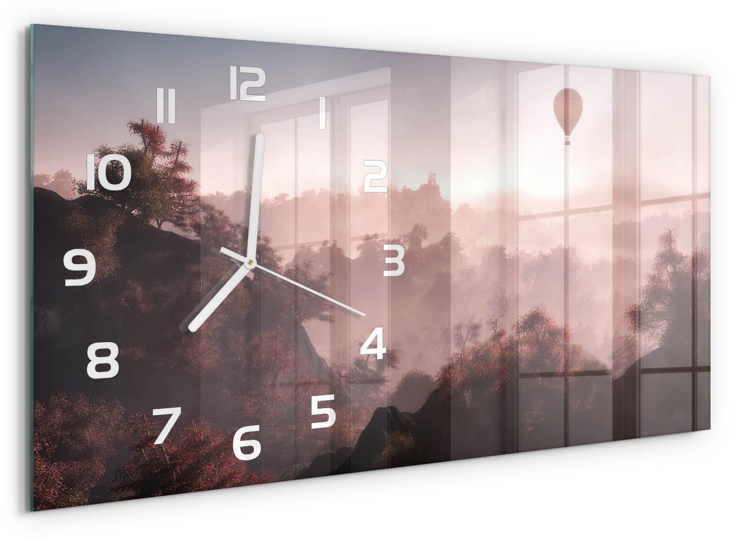 TULUP Wandklok - Ballonvaart boven het bos Klok Glas Met Opdruk - 60x30 cm - Bruin Moderne Wandklok Glas - Witte handen - Rechthoekige Klok - Decoratieve Glazen Klok - Glazen Wandklok Design