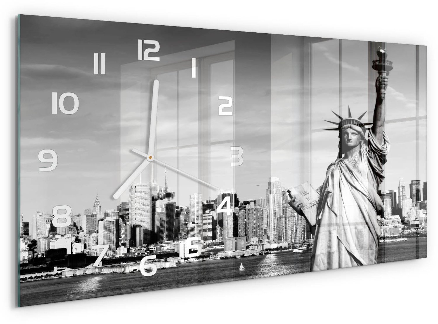 TULUP Wandklok - Vrijheidsbeeld Glazen Klok Met Print - 60x30 cm - Zwart-wit Wandklok Glas Met Motief - Witte handen - Rechthoekige Klok - Wandklok Glas Decoratie - Gekleurde Glazen Klok