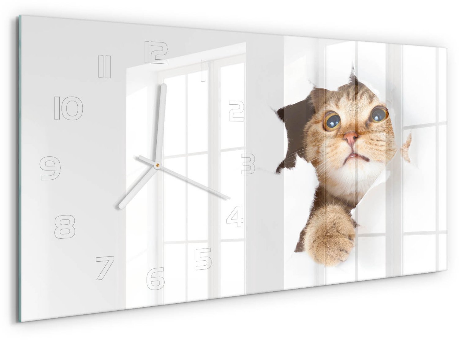 TULUP Wandklok - Kat in het gat Decoratieve Glazen Klok - 60x30 cm - Beige Glazen Wandklok Design - Witte handen - Rechthoekige Klok - Glazen Klok Met Print - Wandklok Glas Met Motief