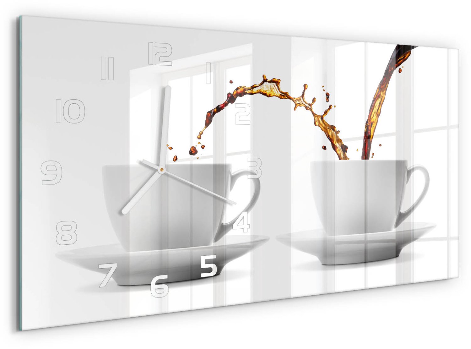 TULUP Wandklok - Lekkende koffie Klok Glas Met Opdruk - 60x30 cm - Bruin Moderne Wandklok Glas - Witte handen - Rechthoekige Klok - Decoratieve Glazen Klok - Glazen Wandklok Design