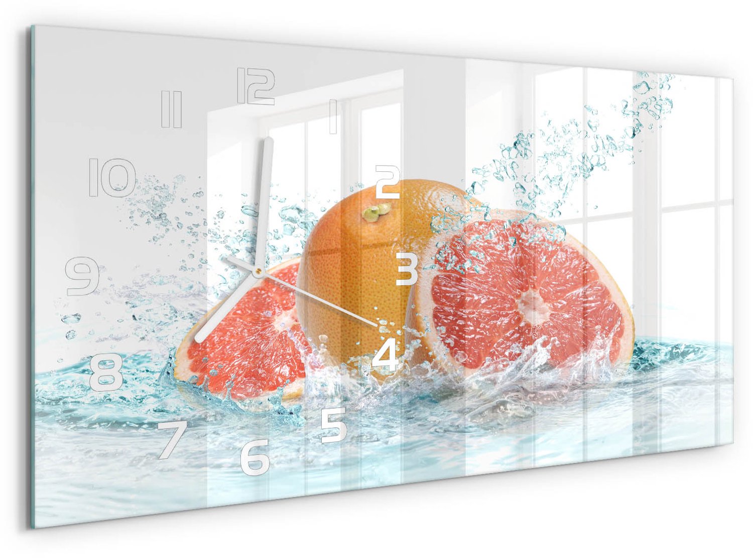 TULUP Wandklok - Pompelmoes Wandklok Glas Decoratie - 60x30 cm - Oranje Gekleurde Glazen Klok - Witte handen - Rechthoekige Klok - Klok Glas Met Opdruk - Moderne Wandklok Glas
