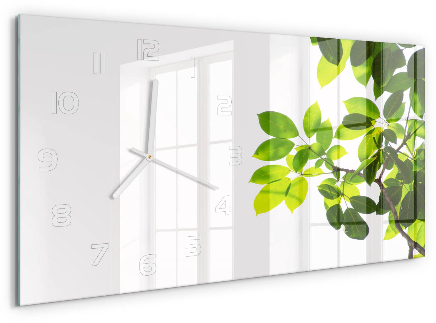TULUP Wandklok - Bladeren Moderne Wandklok Glas - 60x30 cm - Groente Wandklok Glas Decoratie - Witte handen - Rechthoekige Klok - Glazen Wandklok Design - Klok Glas Met Opdruk