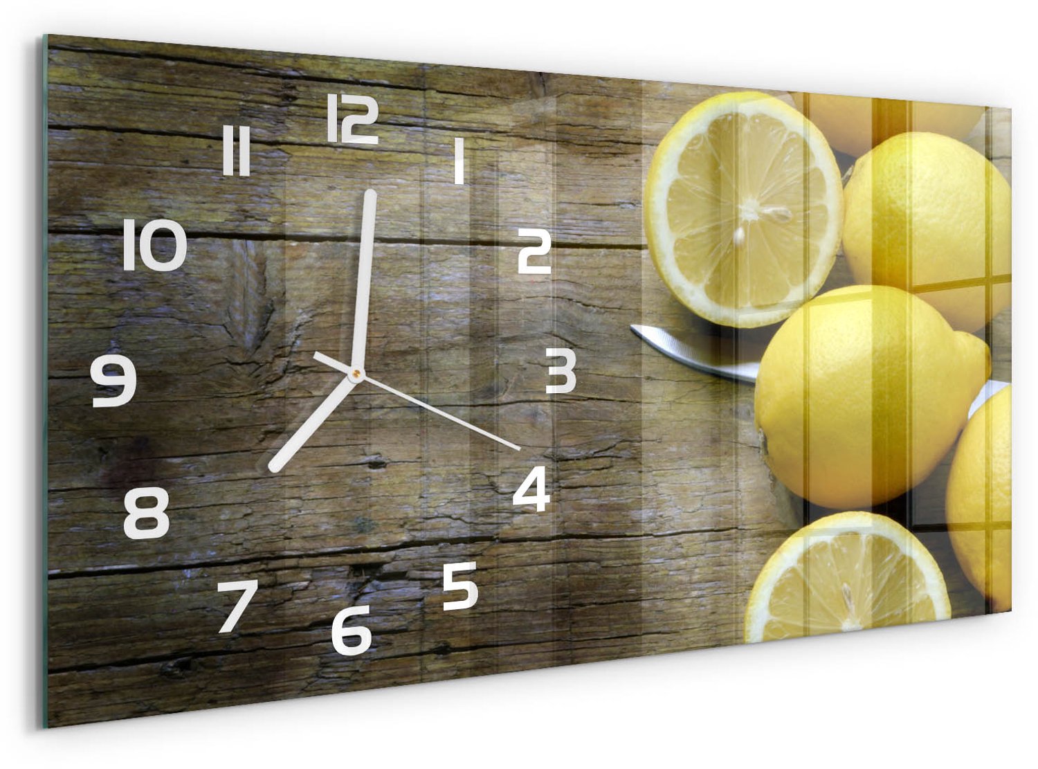 TULUP Wandklok - Citroenen op hout Moderne Wandklok Glas - 60x30 cm - Geel Wandklok Glas Decoratie - Witte handen - Rechthoekige Klok - Glazen Wandklok Design - Klok Glas Met Opdruk