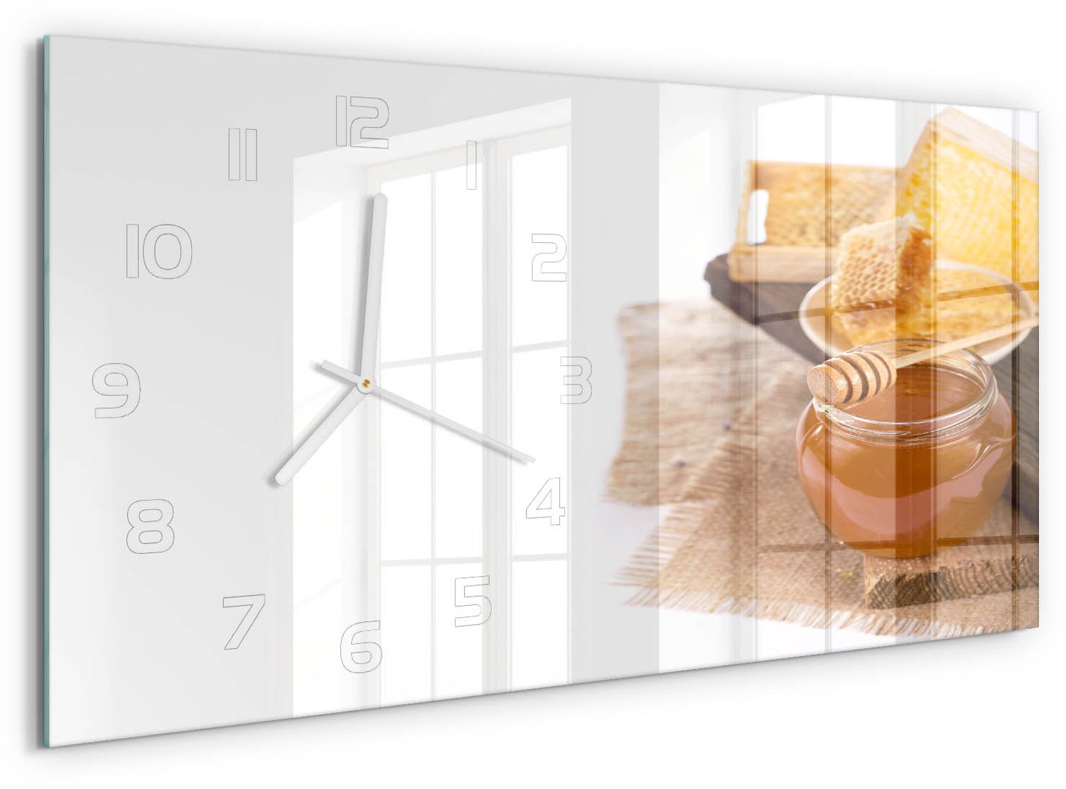 TULUP Wandklok - Honing Wandklok Glas Met Motief - 60x30 cm - Geel Decoratieve Glazen Klok - Witte handen - Rechthoekige Klok - Gekleurde Glazen Klok - Glazen Klok Met Print