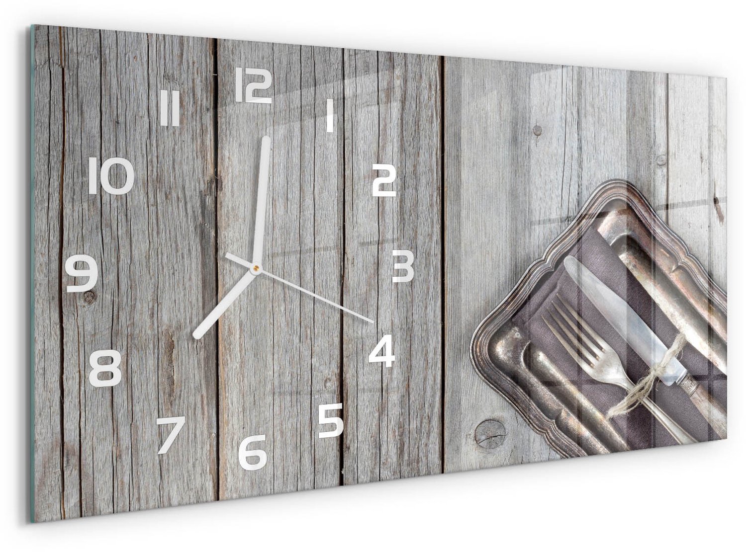 TULUP Wandklok - Bestek op snijplanken Gekleurde Glazen Klok - 60x30 cm - Beige Glazen Klok Met Print - Witte handen - Rechthoekige Klok - Moderne Wandklok Glas - Wandklok Glas Decoratie