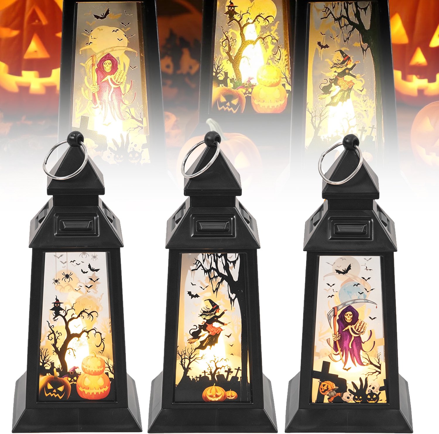 3 Halloween-Kaarslantaarns - Decoratieve Zwarte Lantaarns - Pompoen-/Spook-/Heksenlantaarn - Vintage Hangende Kaarslampen