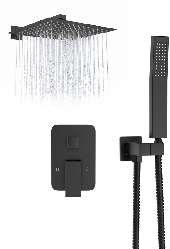 Zwarte inbouw doucheset met regendouche, thermostatische mengkraan met H en C markering en handdouche.