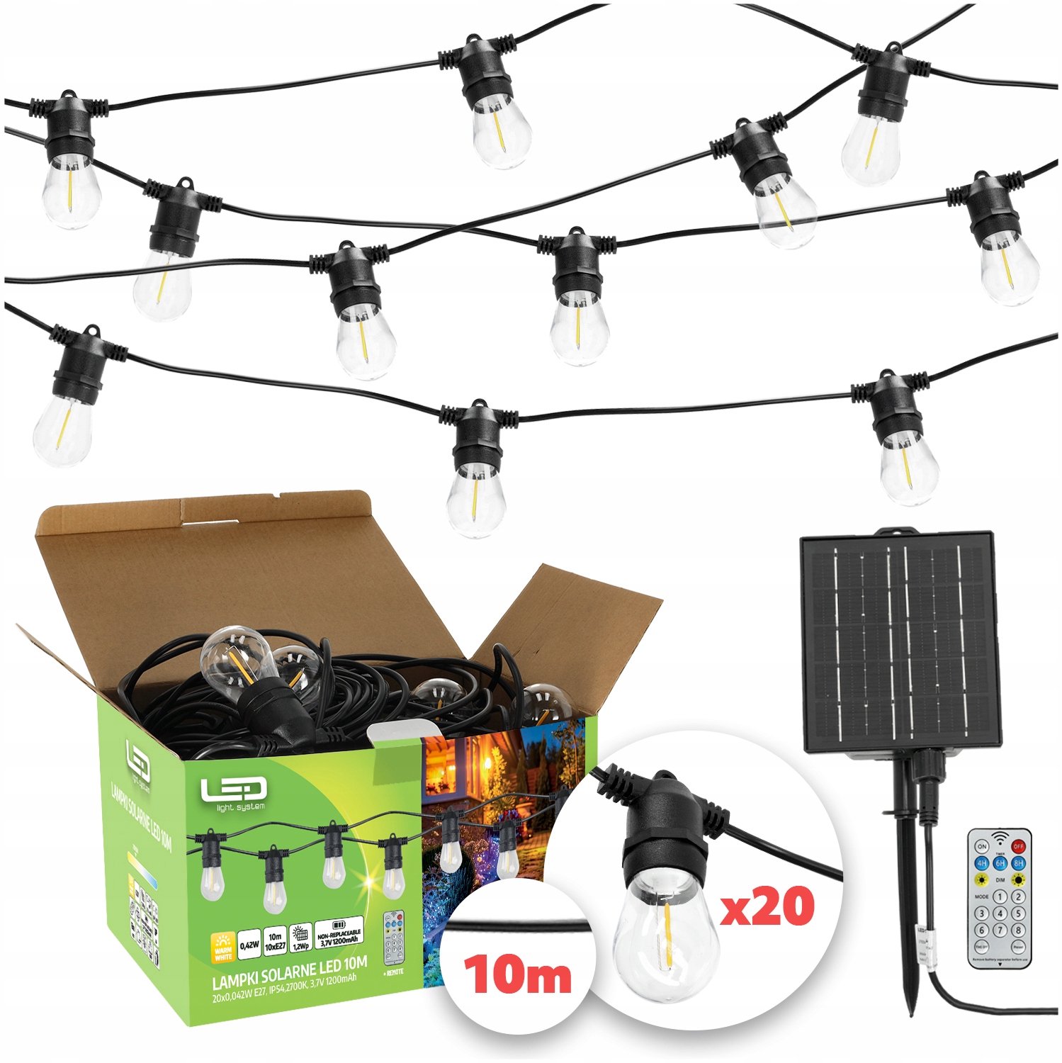 Zonne-energie Tuinslingerlamp 20m 20x LED E27 met Afstandsbediening