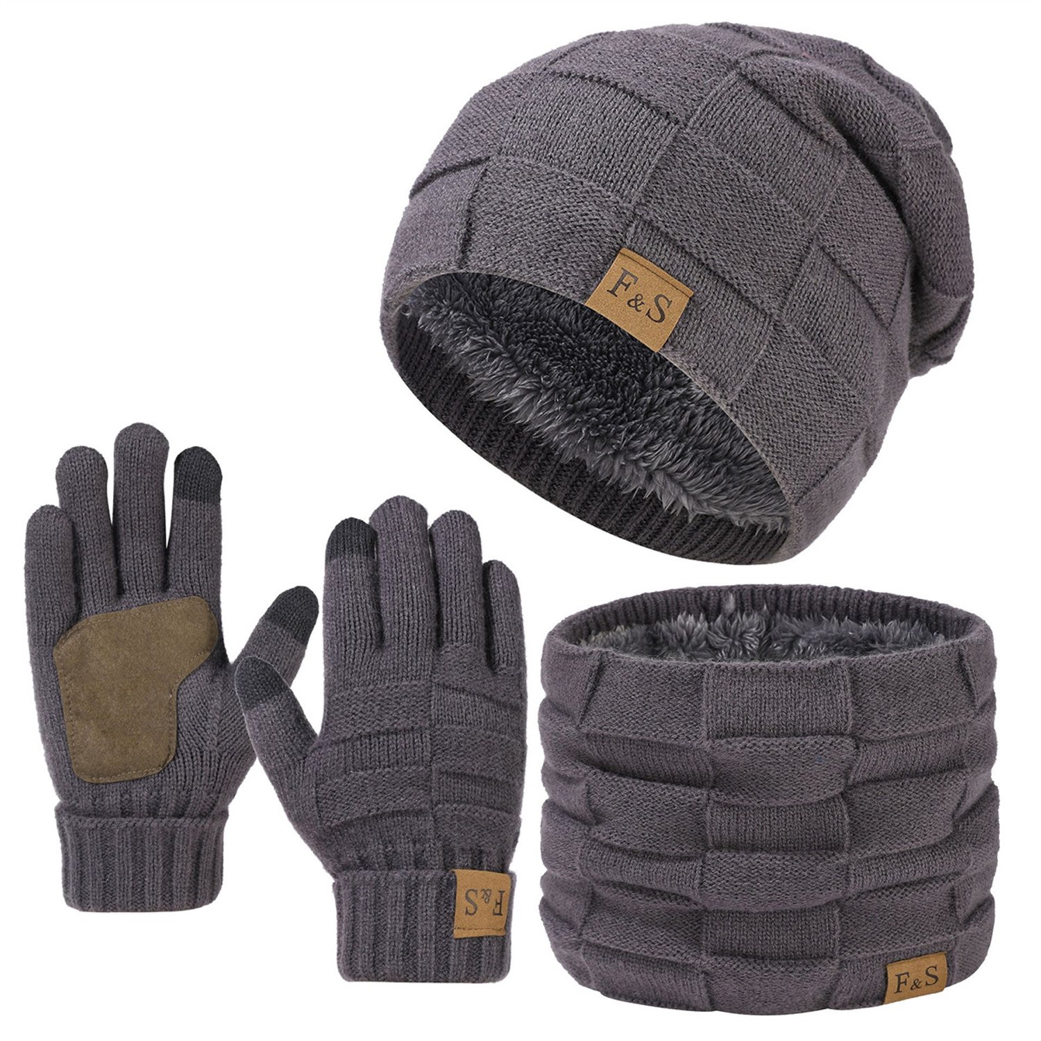 3-delige Beanie Muts Sjaal en Handschoenen – Warme Winterset met Dikke Fleecevoering – Winddichte Katoenen Mut en Nekwarmer – Ideaal Wintercadeau voor Dames en Heren – Geschikt voor Fietsen Skiën en Buitensporten Donkergrijs