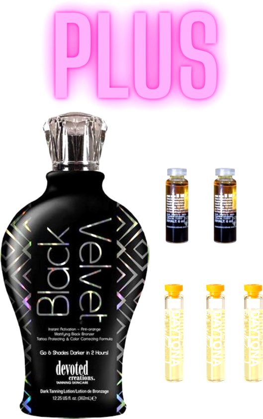 Zwarte Black Velvet bruiningslotion fles met kristallen dop, plus twee donkere en drie gele ampullen.