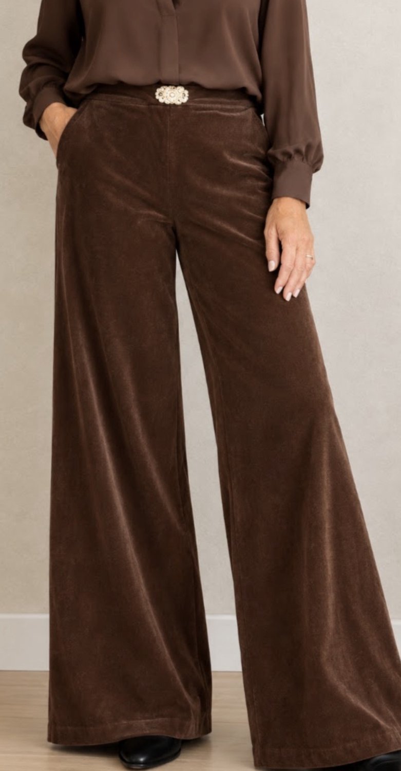 Broek - geschoren rib/fluweel - elastische taille - L/XL - bruin