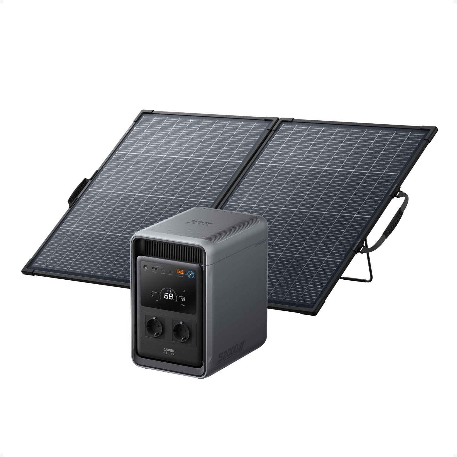 Anker SOLIX S2000 draagbaar powerstation met 200W zonnepaneel-Zonnegenerator met 2010Wh LiFePO4-batterij - 1500W continu vermogen - 3000W piekvermogen - UPS <10ms en 200W zonnepaneel