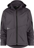 Antracietkleurige softshell jas met capuchon, ritssluiting, diverse naden en donkergrijze accenten op de mouwen en zijkanten.