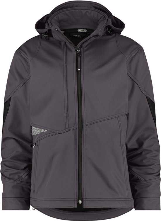 Antracietkleurige softshell jas met capuchon, ritssluiting, diverse naden en donkergrijze accenten op de mouwen en zijkanten.