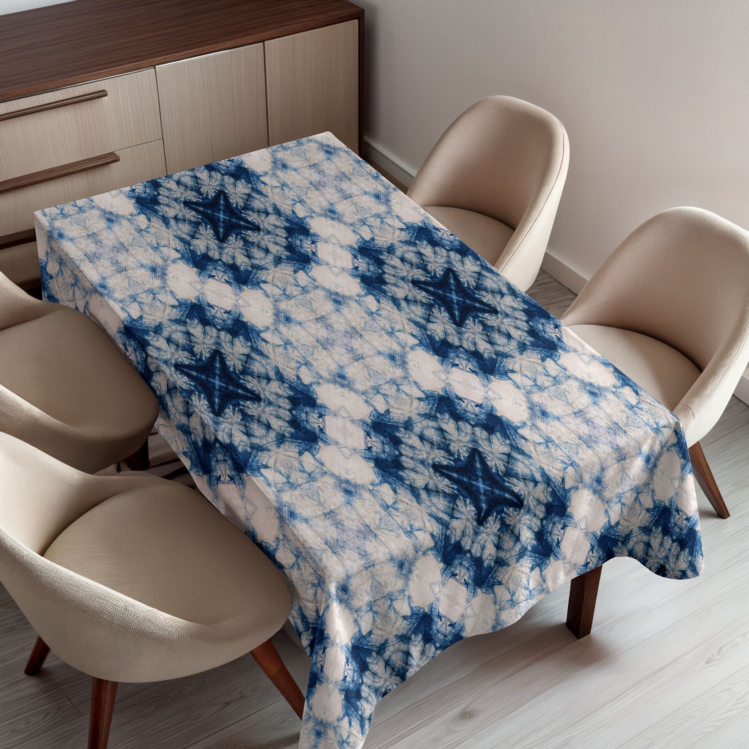 ABAKUHAUS Etnisch Tafelkleed, Tie Dye Effect Kunstprint met Ongewone Wazige Vormen in Symmetrisch Ontwerp, Rechthoekig Tafelkleed voor Eetkamer Keukendecoratie, 150 x 200 cm, Blauw Grijs