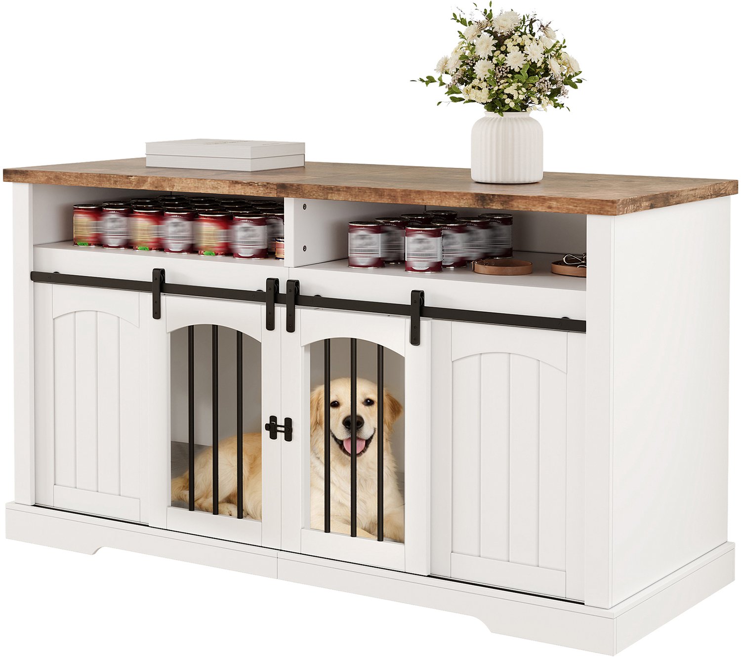Hondenbench meubel met schuifdeur - Uitneembaar tussenschot - Open opbergruimte - Voor honden - Wit MDF en metaal met vintagebruin blad