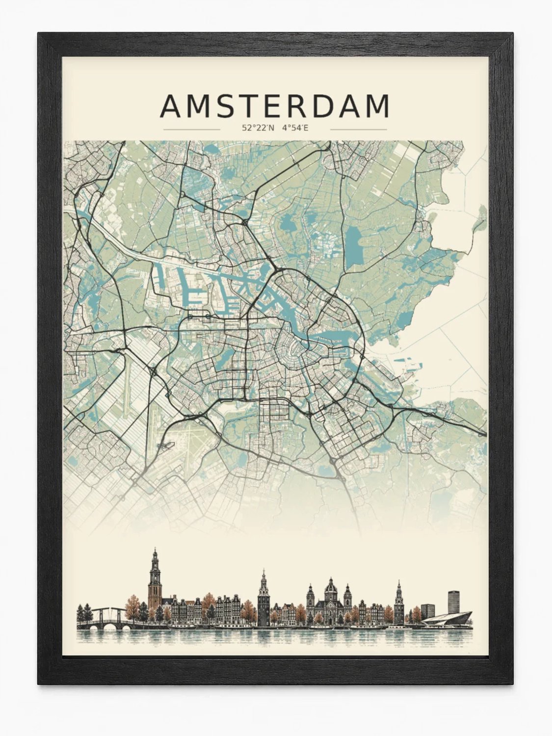 Amsterdam Stadskaart Poster | Vintage Kaart met Skyline | Inclusief Zwarte A3 Lijst