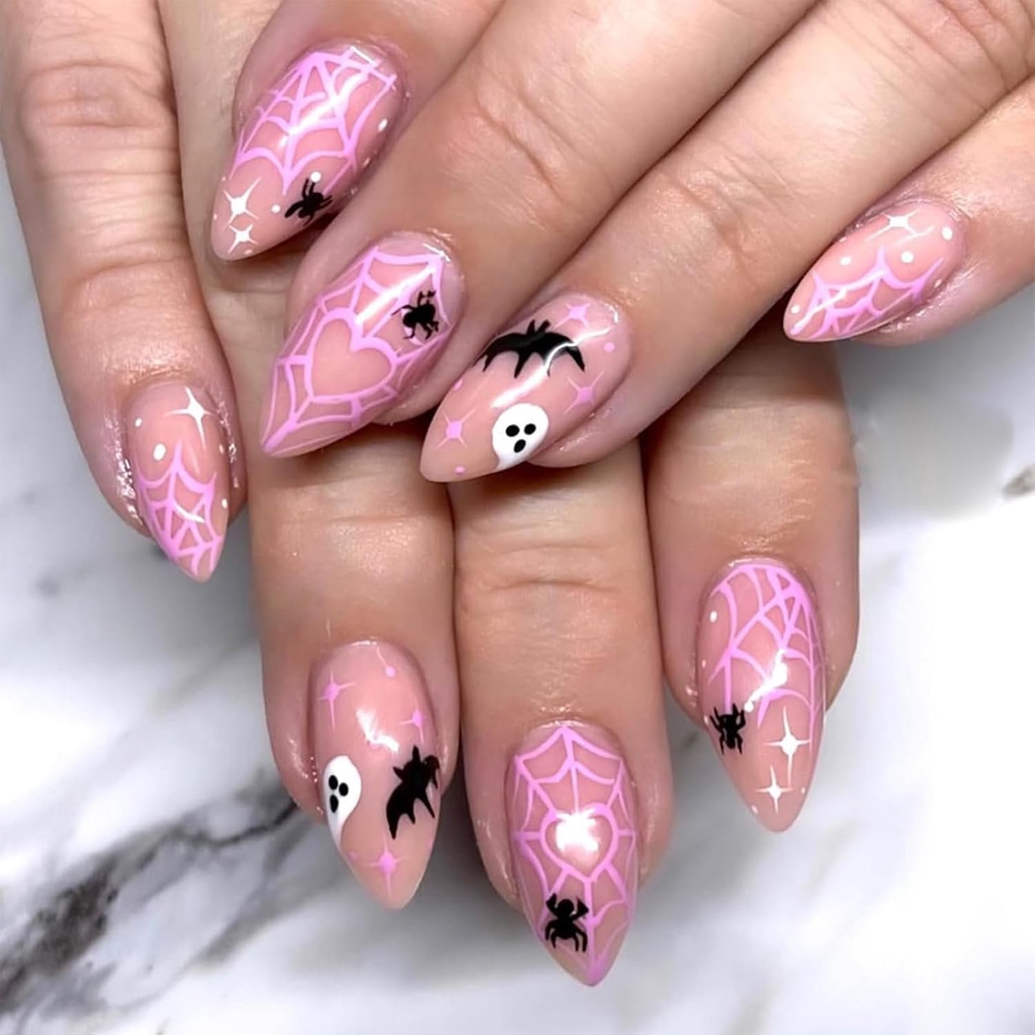 24 STKS Halloween Press-on nagels, roze hart & spinnenweb valse nagels
