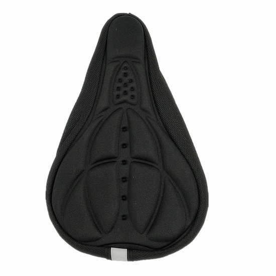 Housse de selle de vélo noire et respirante de 29x18 cm avec rembourrage profilé et détail réfléchissant à l'arrière.