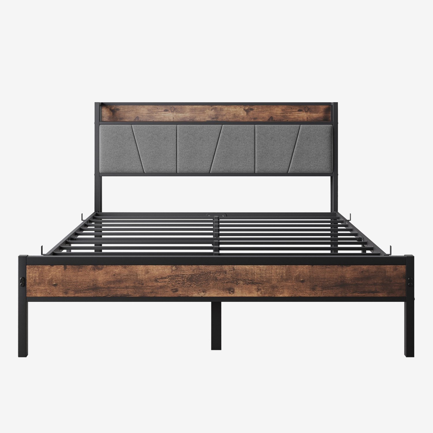 Merax Tweepersoonsbed 140 x 200 cm - Metalen Bedgestel - LED Verlichting - USB Aansluitingen - Stopcontact - Hoofdbord met Opbergplank - Grijs en Bruin