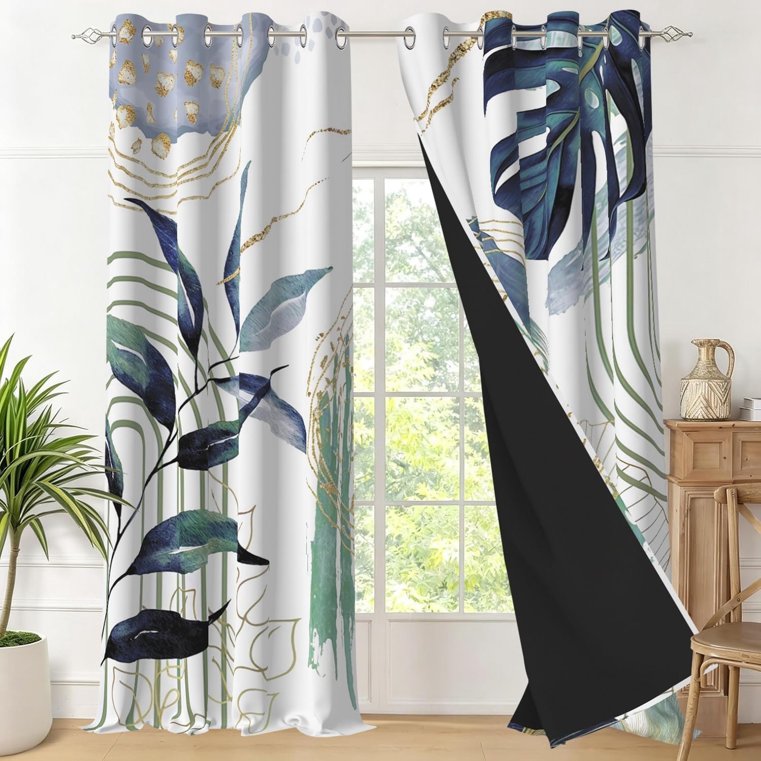Blauw, ondoorzichtig, tropisch, bohemien, palmbladeren, thermisch gordijn, isolerend, tegen kou en hitte, met oogjes, voor slaapkamer, raam, 2 stuks, 140 x 175 cm
