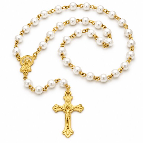 Goudkleurige rozenkrans met witte parels en een kruisje met Jezus, met een gouden medaille aan het begin.