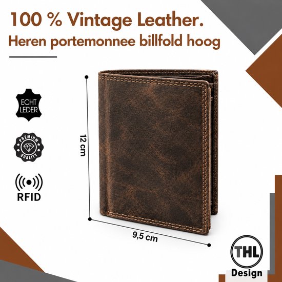 Bruine vintage leren herenportemonnee, billfold hoog, met afmetingen 12 x 9,5 cm en RFID-logo.
