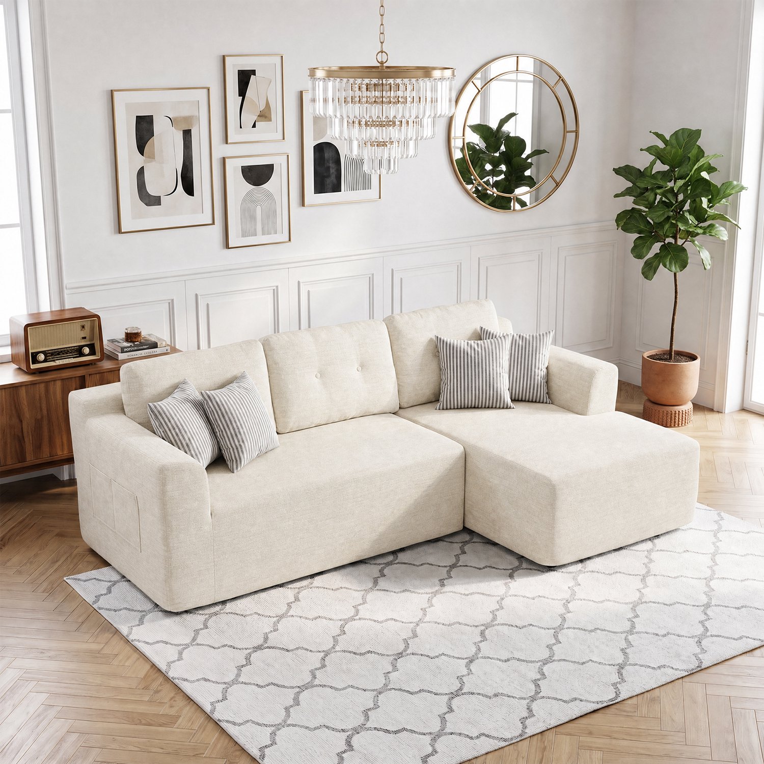 Hoekbank - gecomprimeerde cloud - dubbele chaise‑longue - poef - chenille stof - polyurethaan vulling - Wit - voor woonkamer