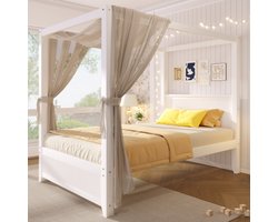 Wit Houten Hemelbed 90x200 cm met Dakframe & Lamellen - Kinderbed & Jeugdbed in Skandinavisch Design - Wit