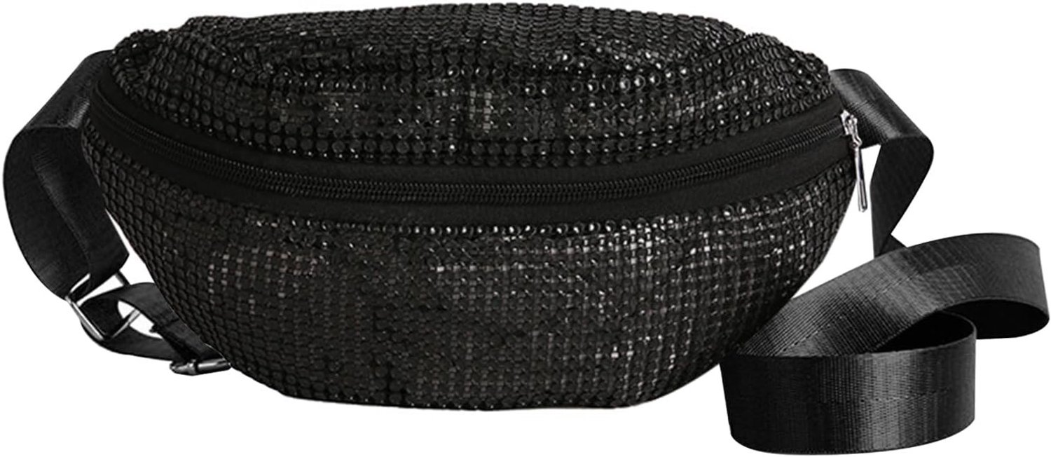 Stijlvolle Heuptas met Glanzende Rhinestones, Verstelbare Band, Ideaal voor Feestjes, Festivals en Reizen, Zwart, Modern Design